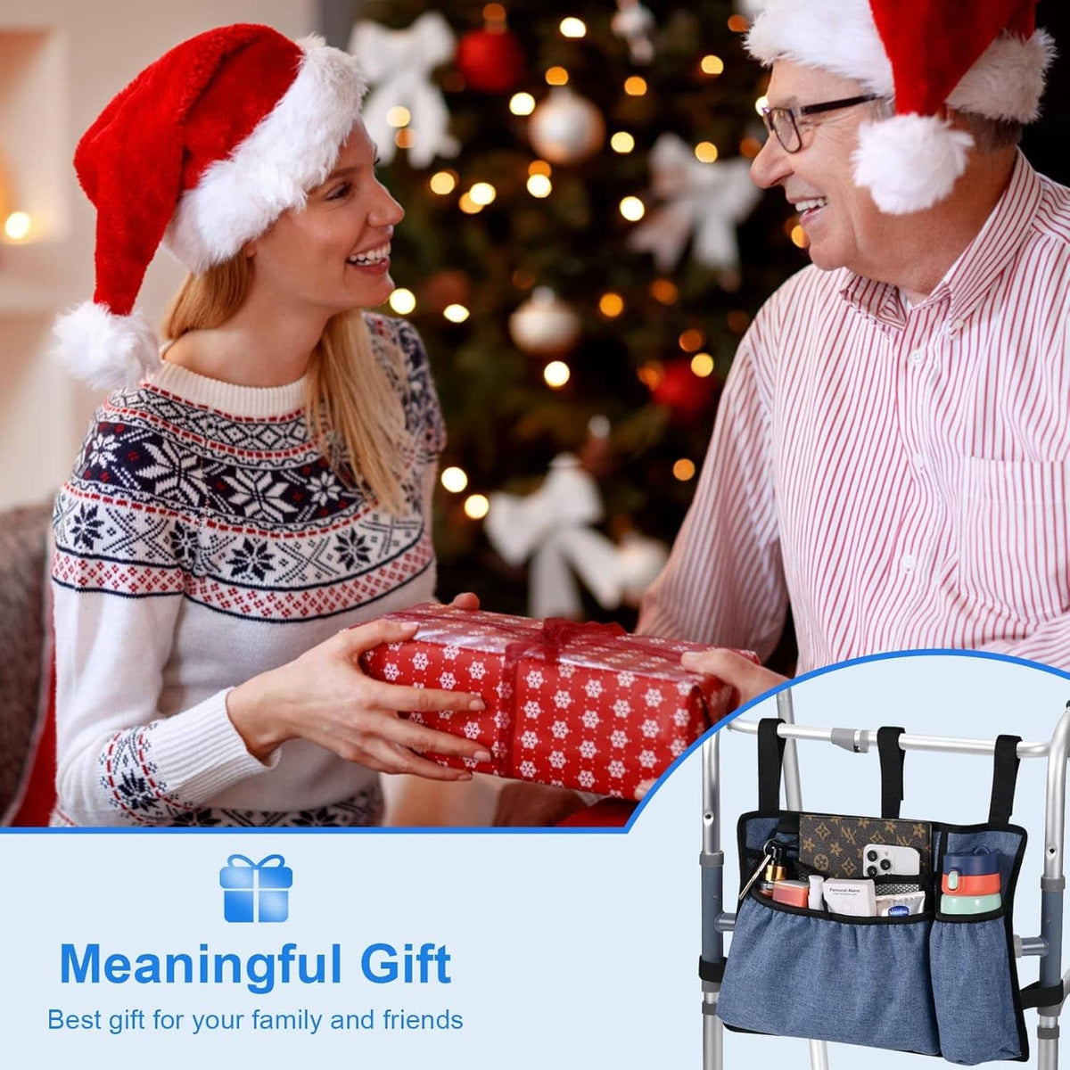 Blue denim walker bag with cup holder and storage pockets for walker handles