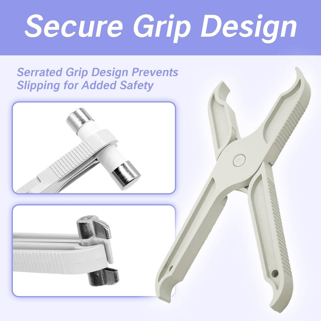Grey insulated fuse puller tool with serrated non-slip grip ridges
