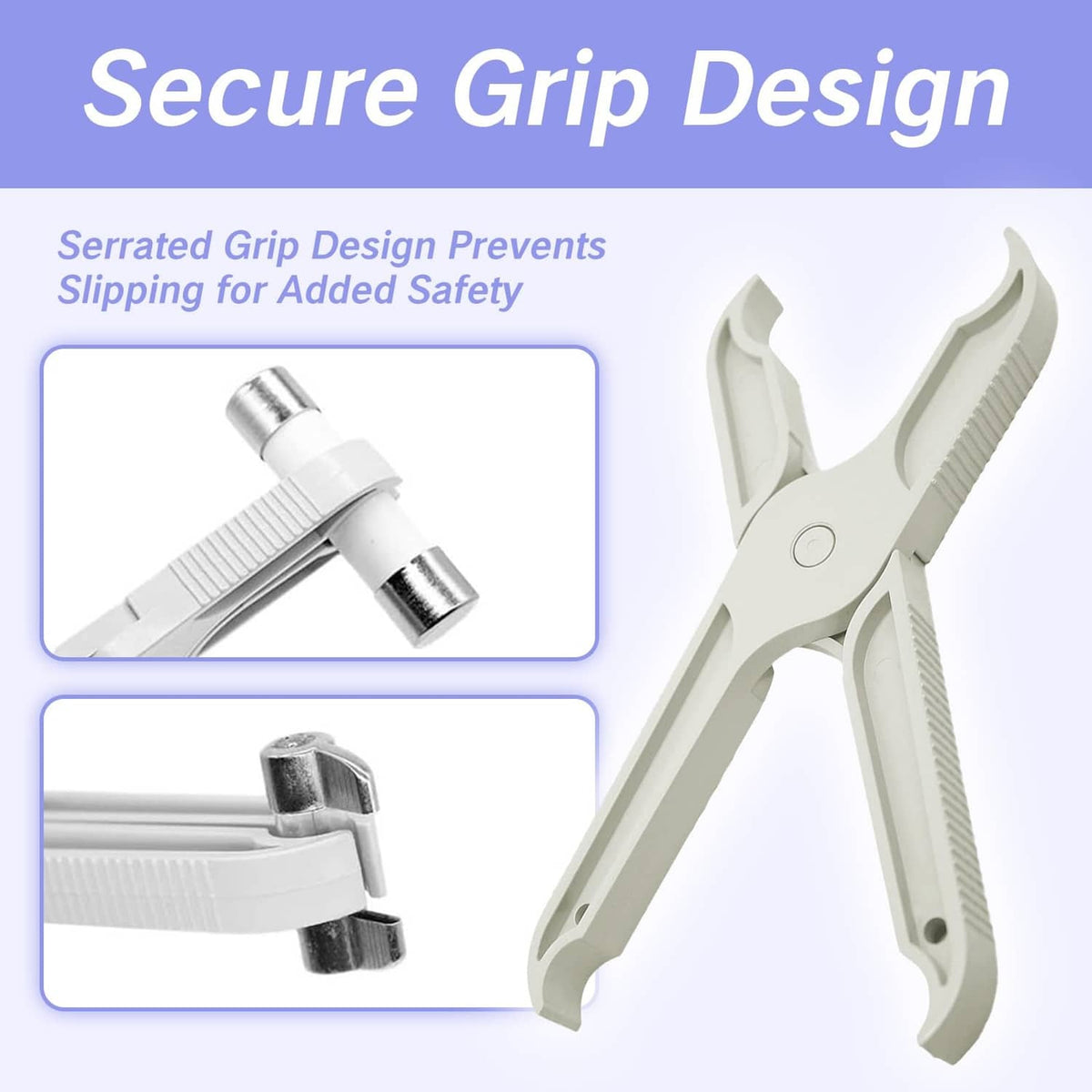 Grey insulated fuse puller tool with serrated non-slip grip ridges