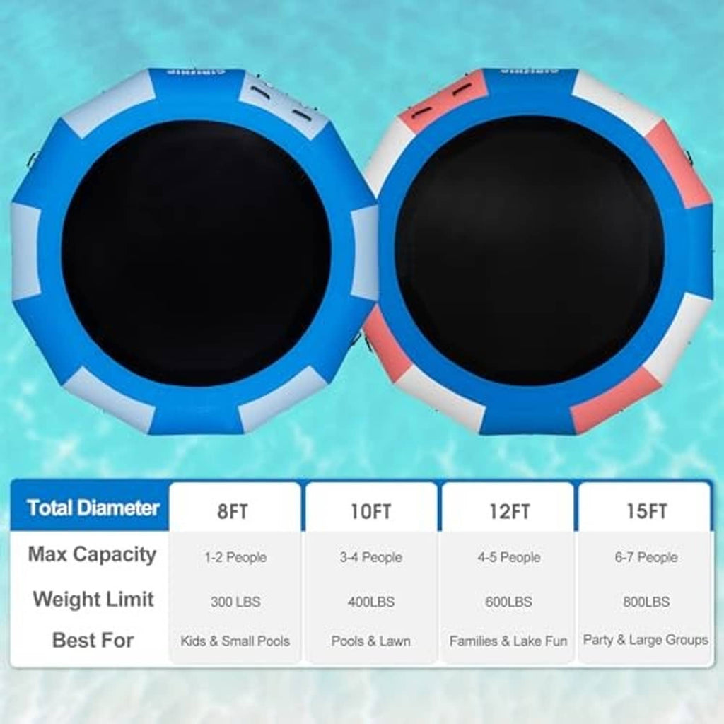 Blue and white inflatable water trampoline with black center mat, top view