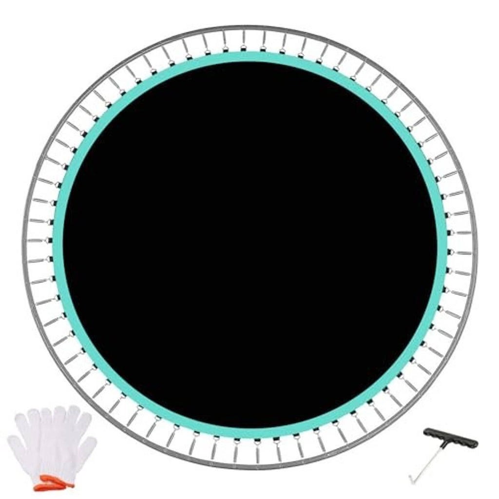 Round trampoline replacement mat with teal rim and white metal V-hooks along edge