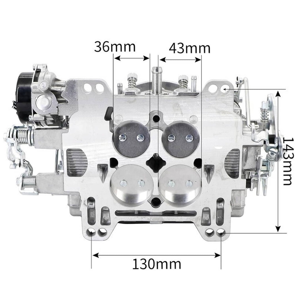Four-barrel carburetor housing with mounting footprint and width measurement arrows, top view.