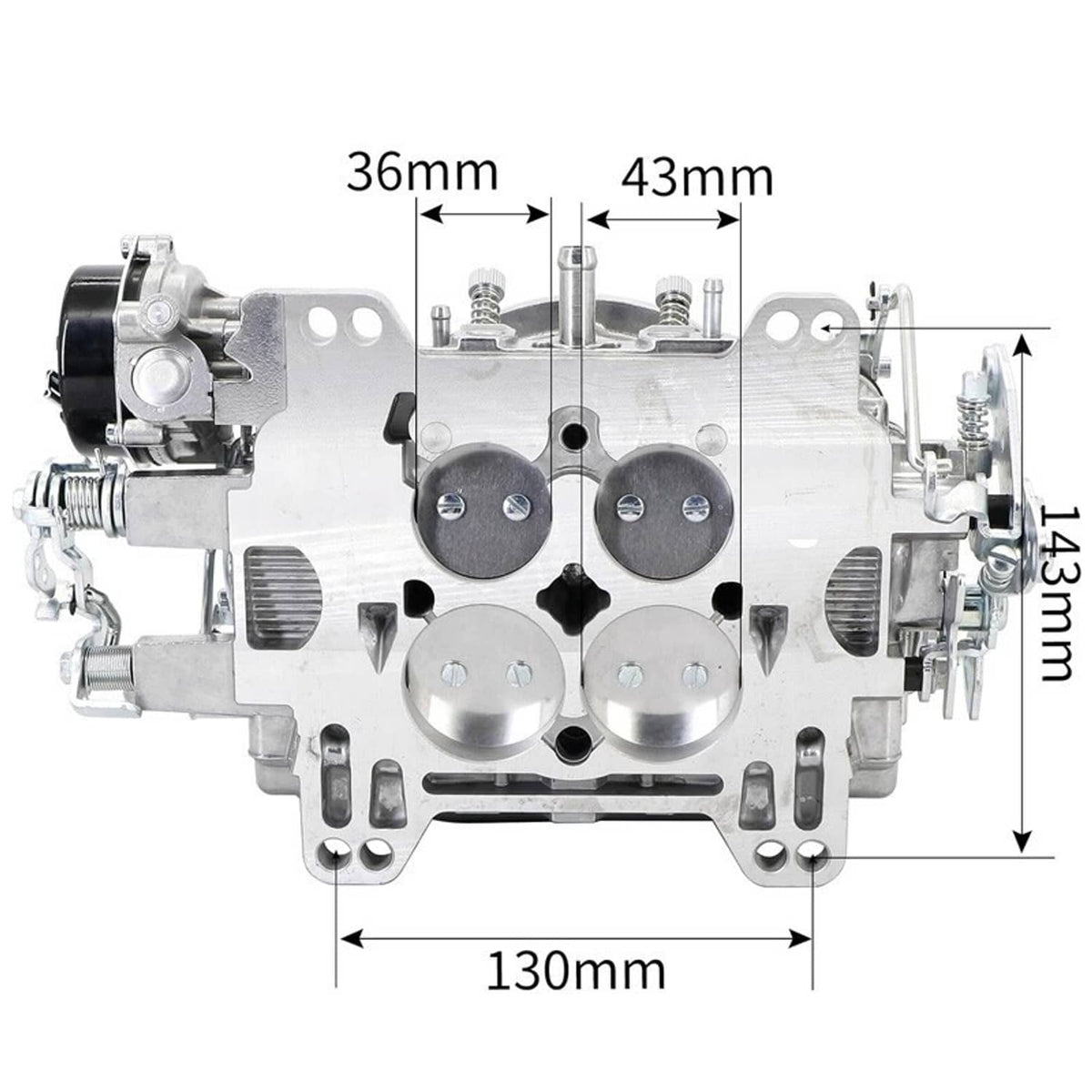 Four-barrel carburetor housing with mounting footprint and width measurement arrows, top view.