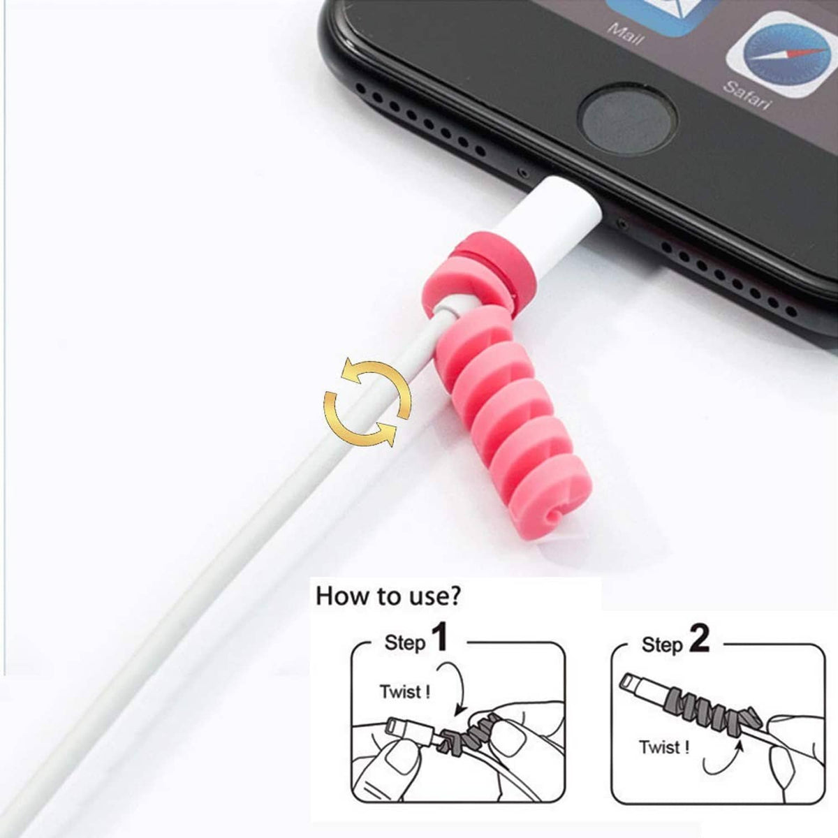 Pink spiral cable protector plugged into a phone charging port