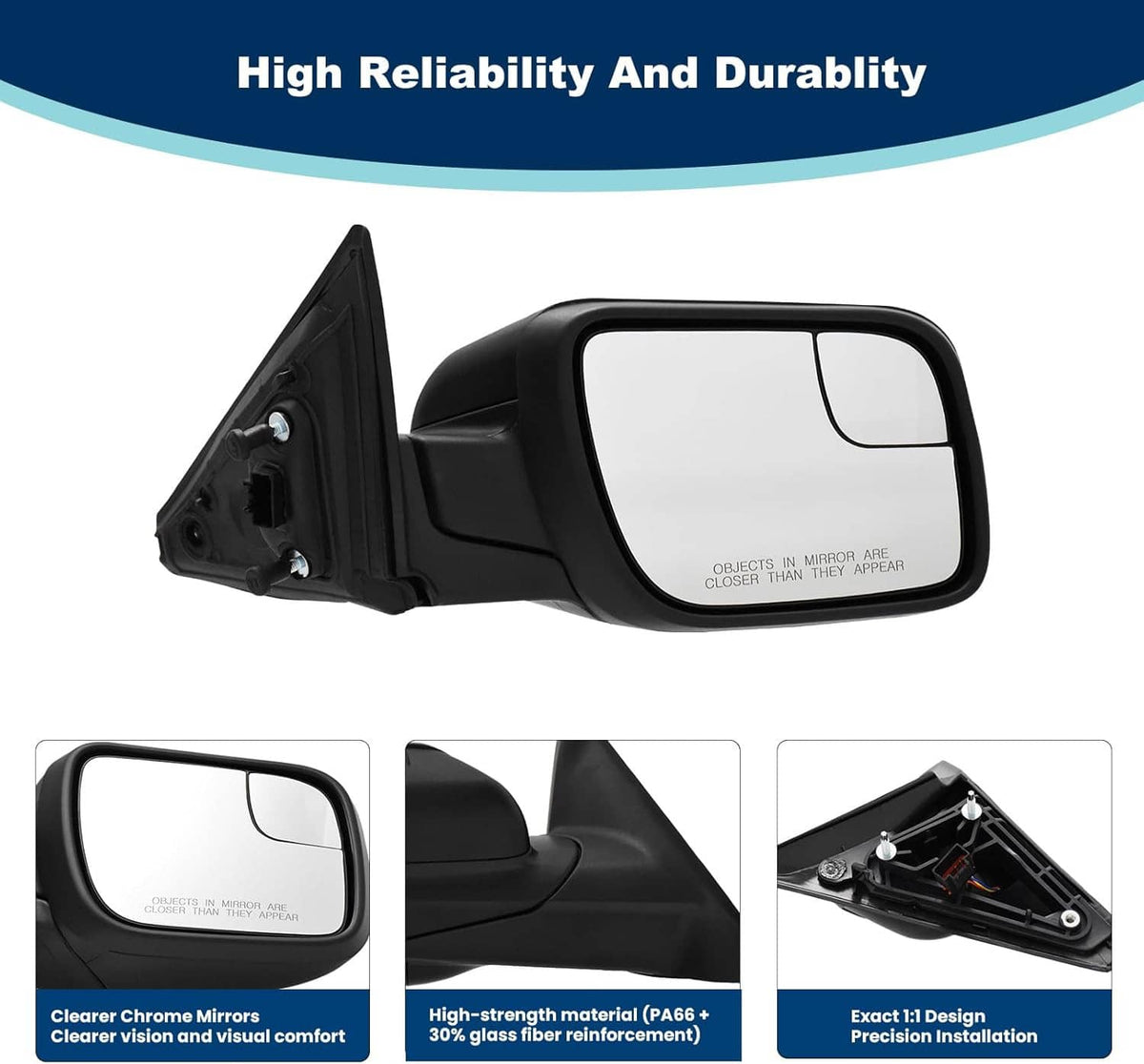 Right side car mirror with black housing and clear glass, rear mounting detail