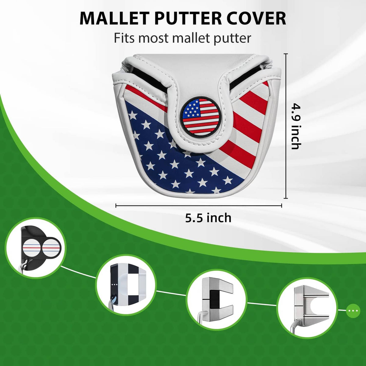 White mallet putter head cover with U.S. flag print, padded fit for most mallet putters