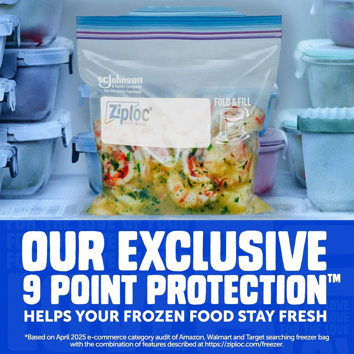 Clear gallon freezer bag with zipper seal, filled with seasoned food in freezer