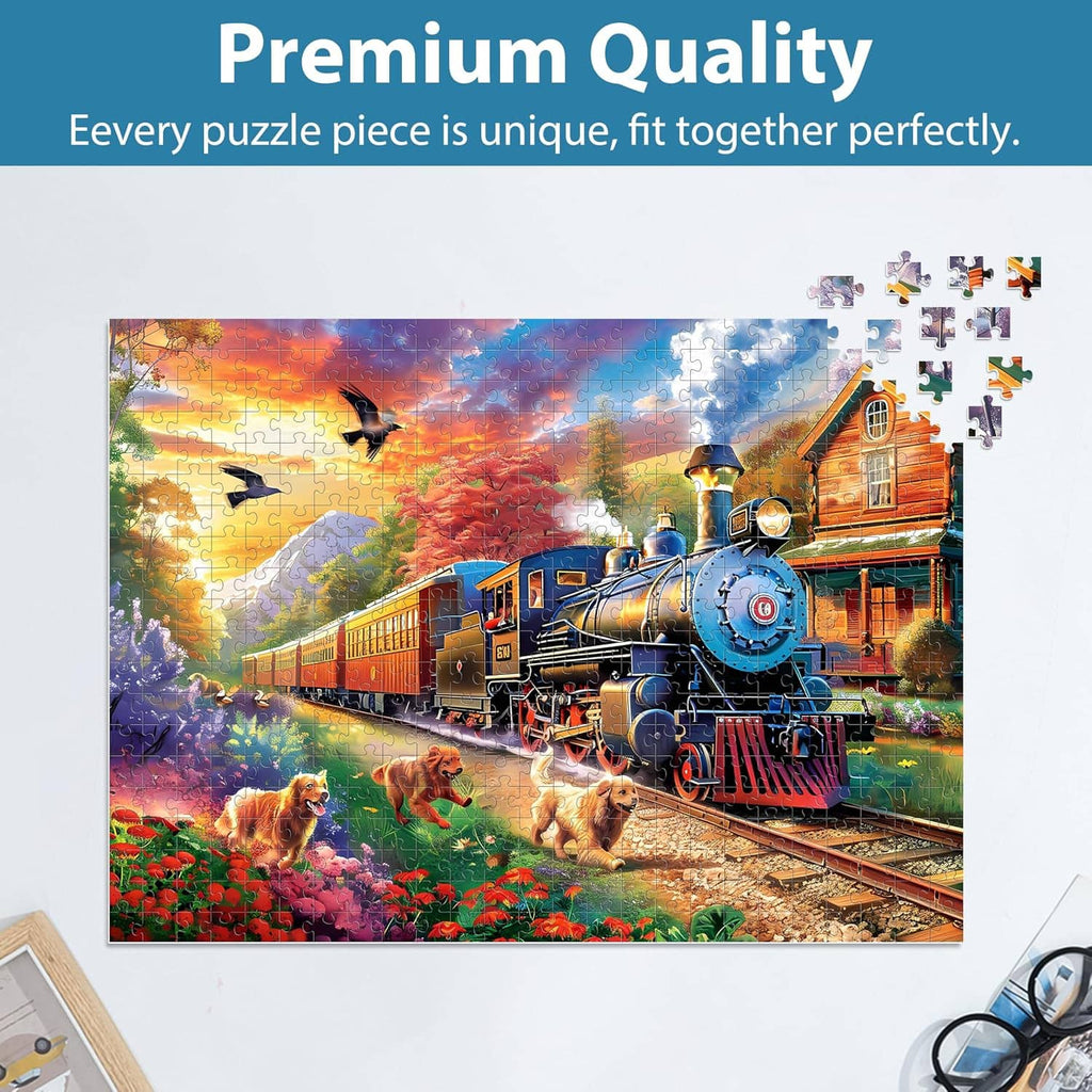 Jigsaw puzzle set with completed steam train and dog scene plus a few loose puzzle pieces