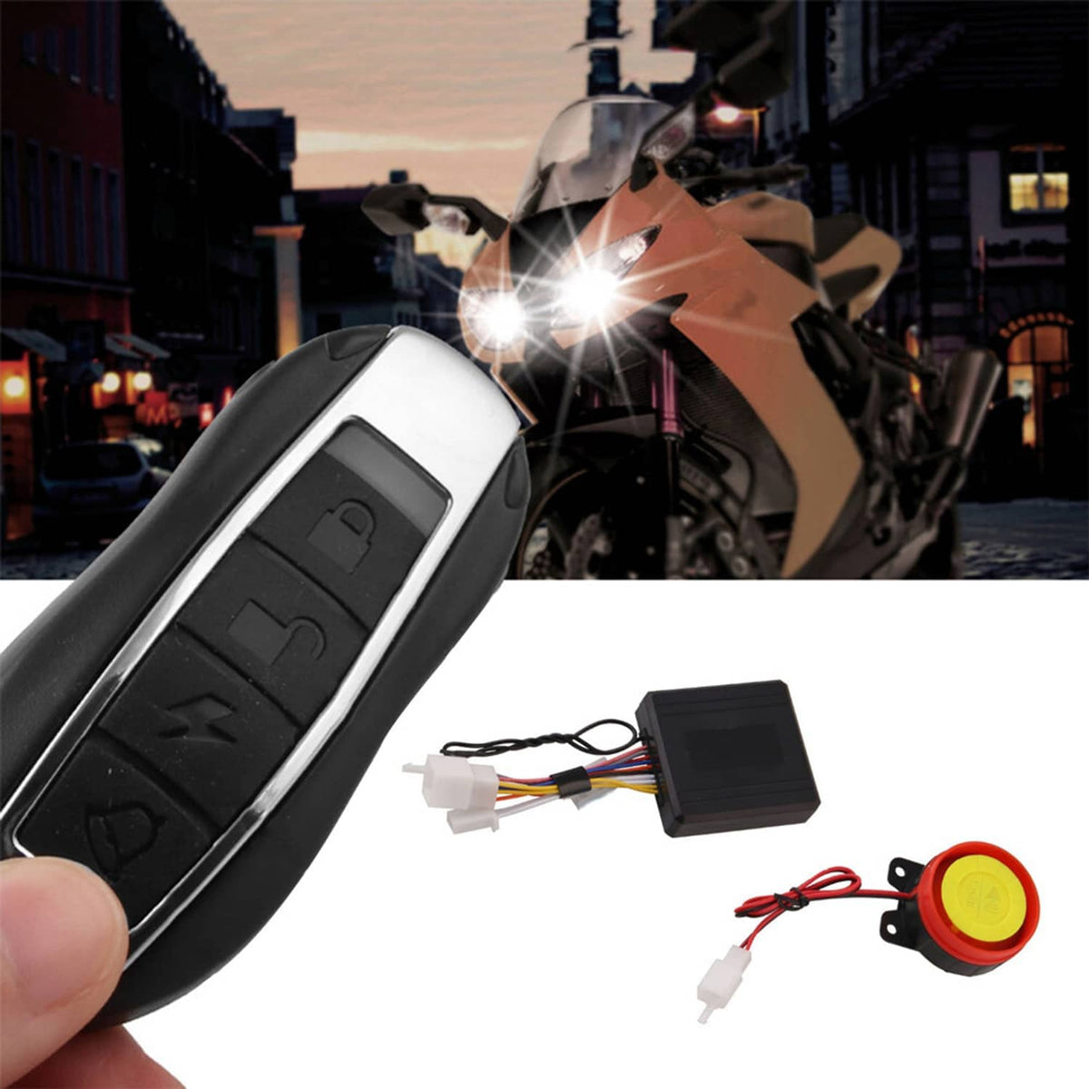 Motorcycle alarm remote key fob close-up with black ECU module and red siren button wiring