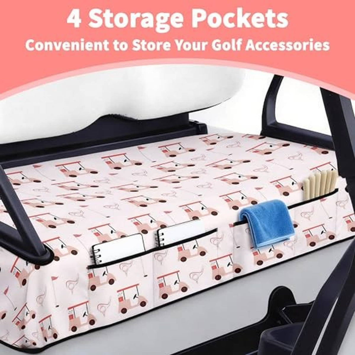 Pink patterned seat cover with repeating cart icons and visible front storage pocket