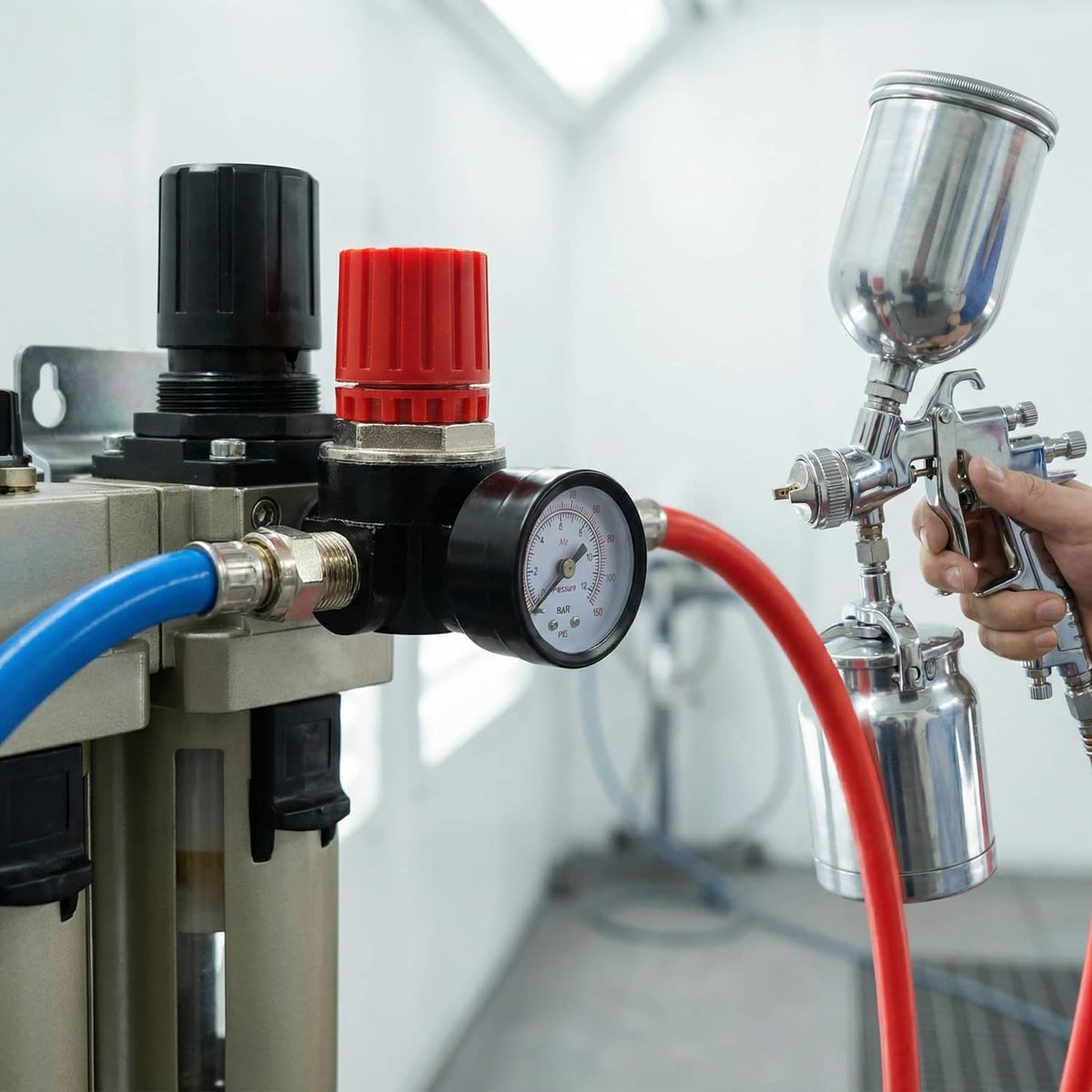 Air compressor regulator with pressure gauge and connected red and black hoses