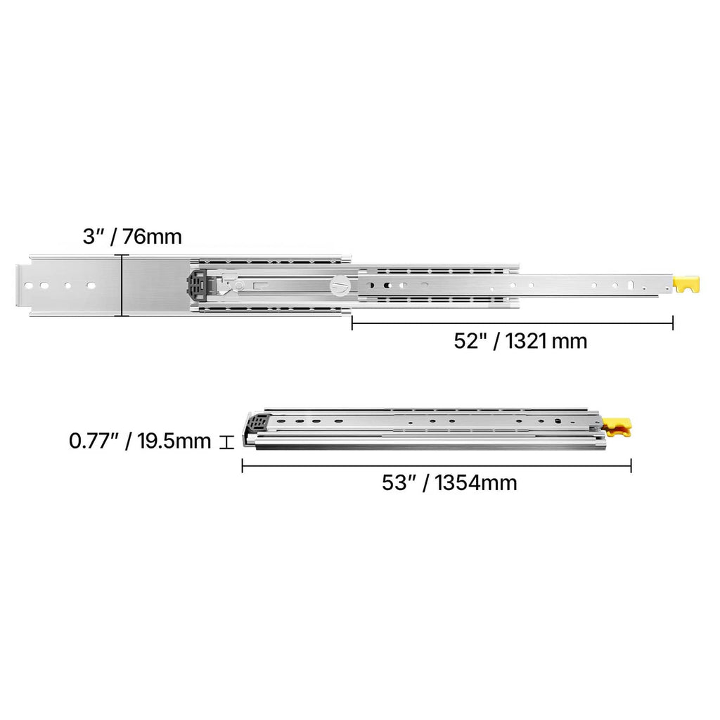 52 in drawer slide with labeled dimensions for 3 in height and 0.77 in thickness