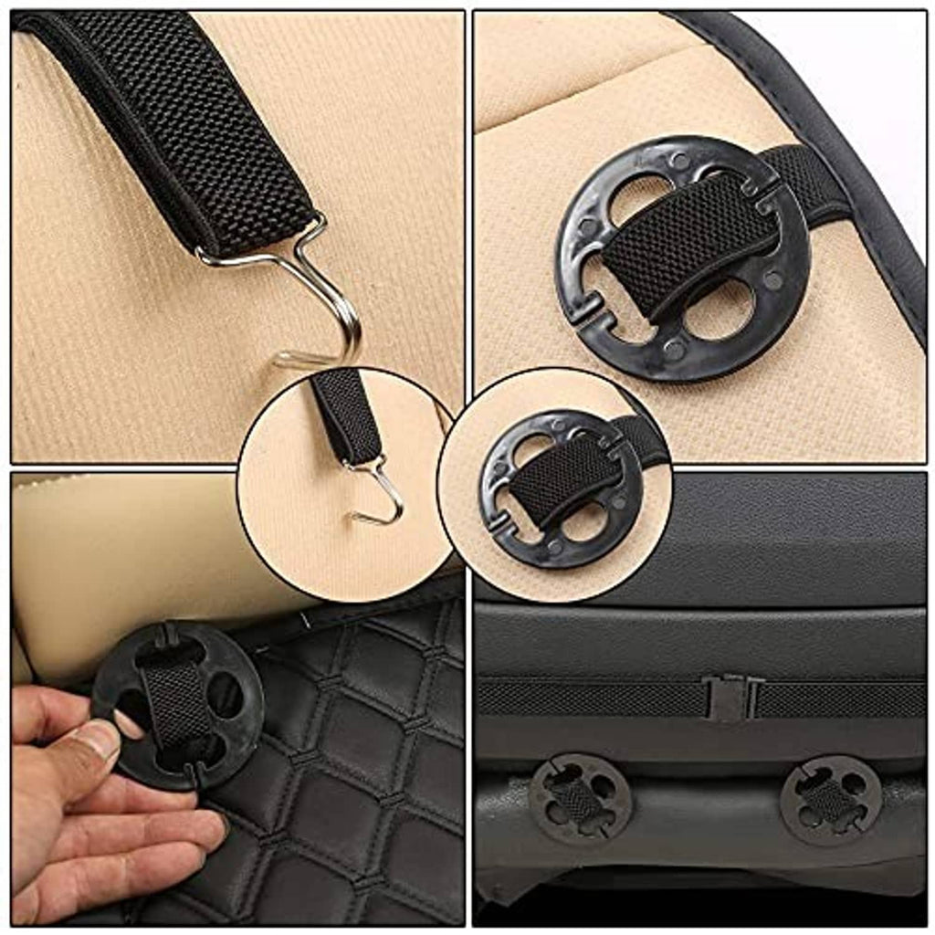 Black quilted car seat cover with elastic strap and adjustable buckle
