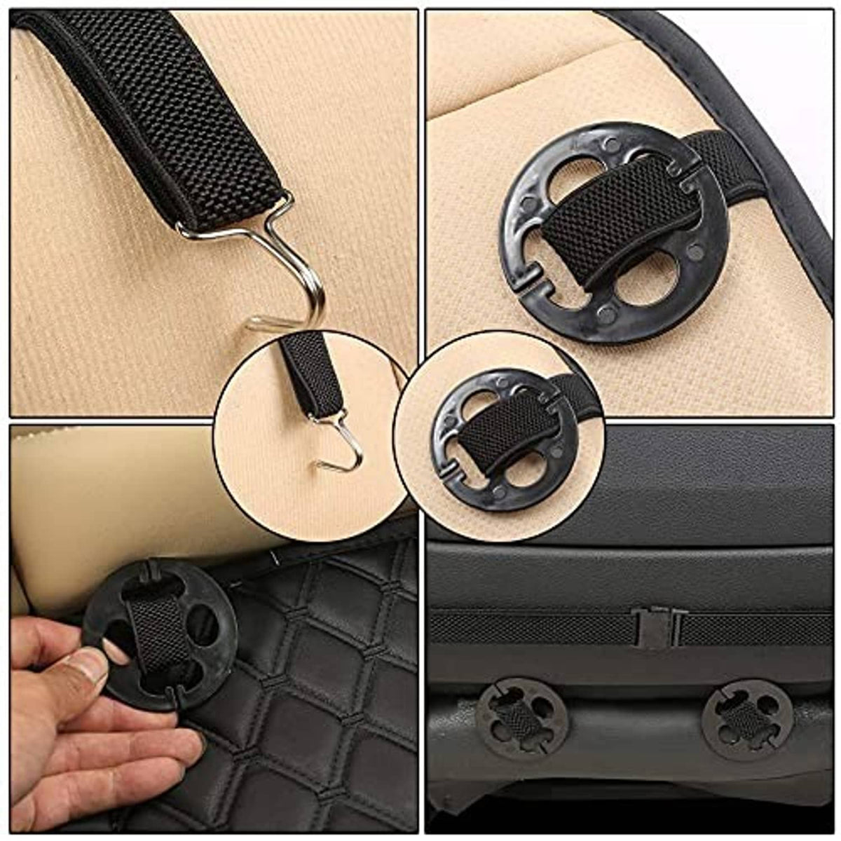 Black quilted car seat cover with elastic strap and adjustable buckle