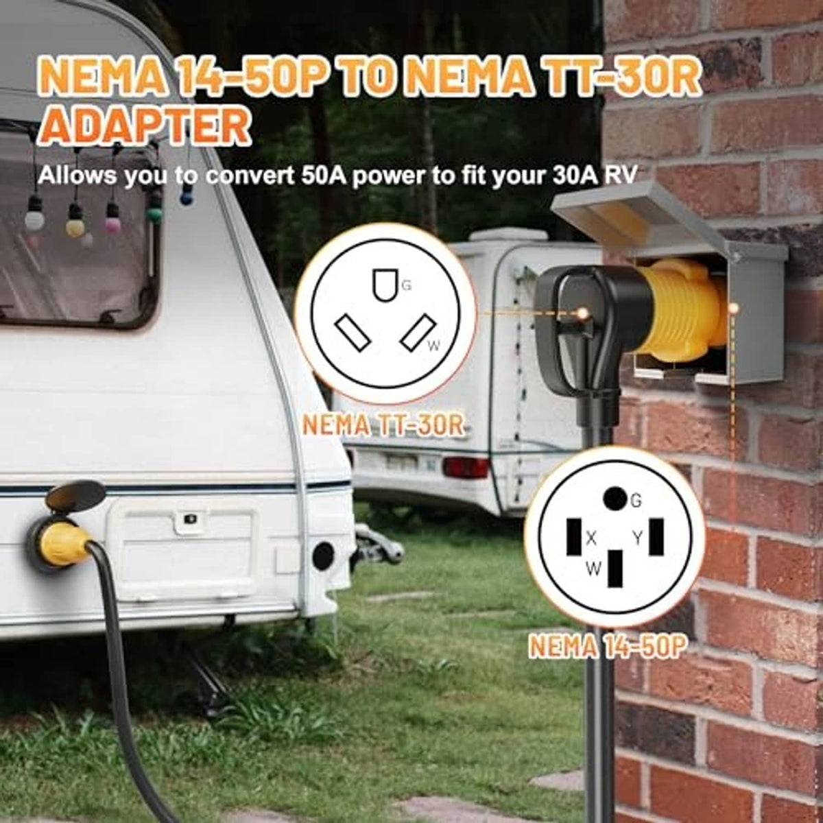 Yellow RV power adapter connected to a trailer outlet with power cord