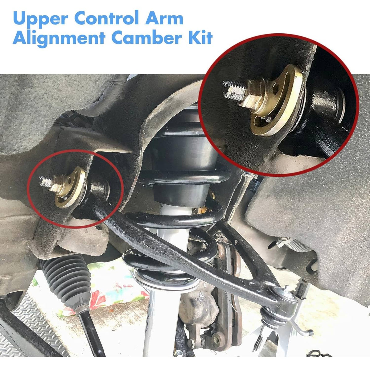 Camber adjustment kit installed on upper control arm with cam bolt detail