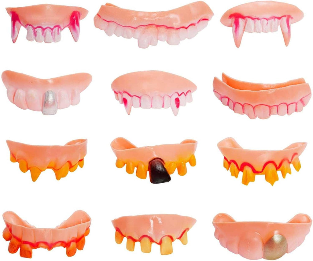 12 Halloween fake vampire teeth display, multiple styles of jagged pink gums and fangs