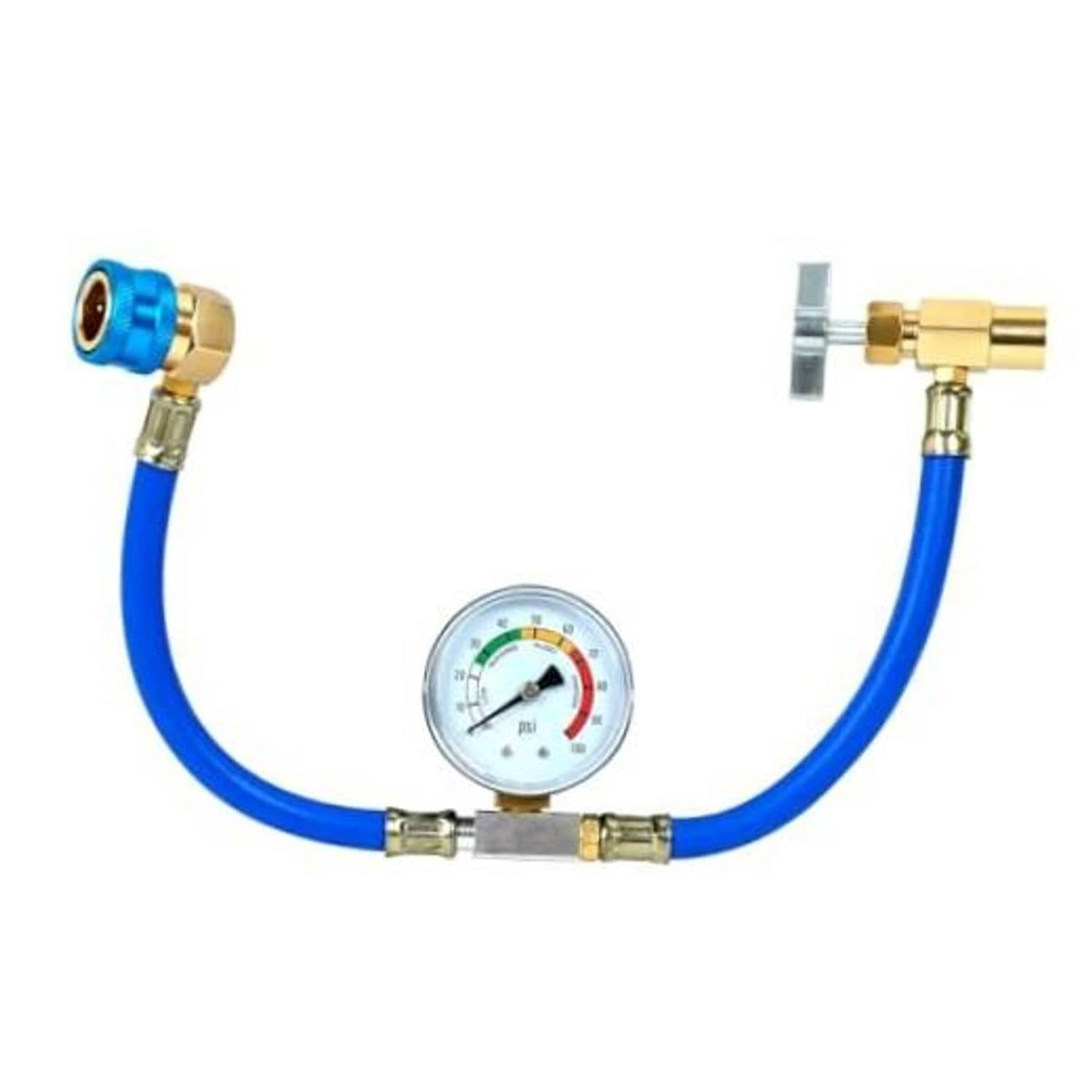 Refrigerant charge hose kit with pressure gauge, blue hose, brass quick-connect fittings