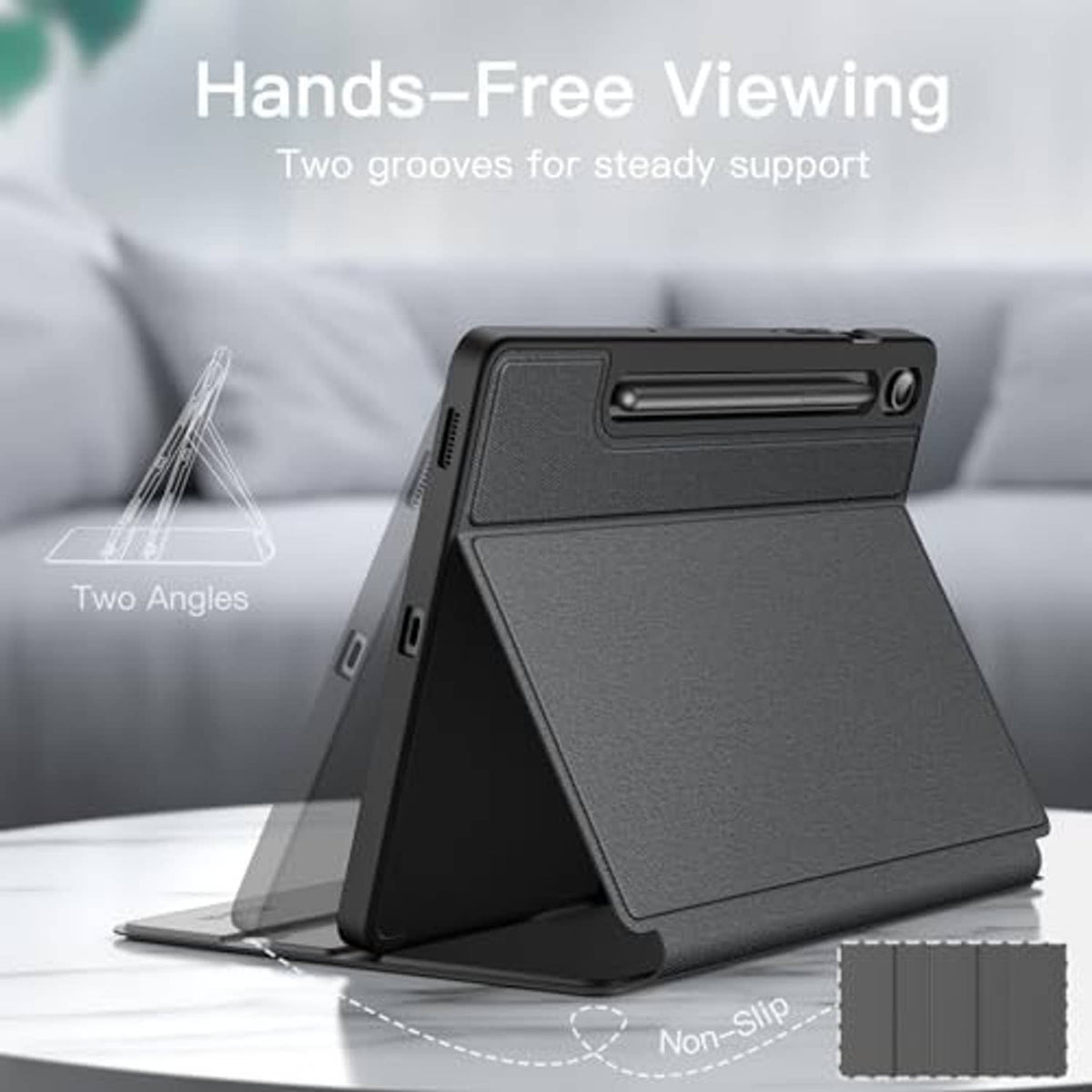 Black folio case propped for hands-free viewing, textured cover with camera cutout
