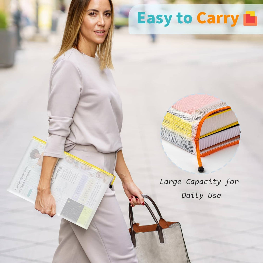 A4 transparent zipper pouch with papers, carried in hand with zipper closure