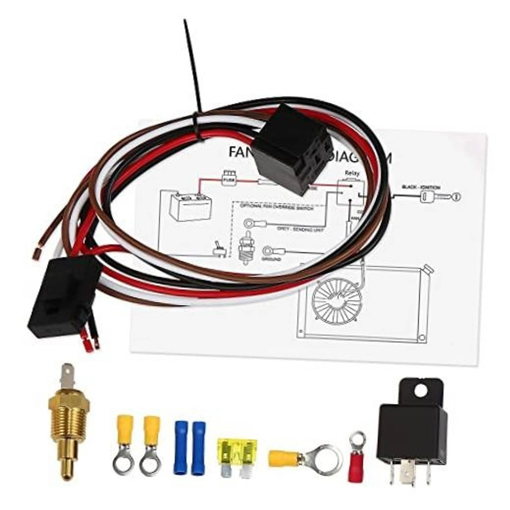 Electric fan relay wiring harness kit with black relay module and bundled cable leads