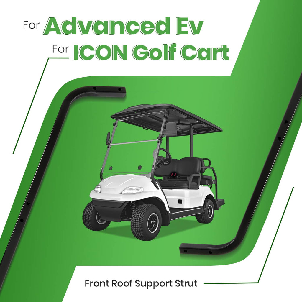 Front roof support struts on a golf cart, black steel curved bars