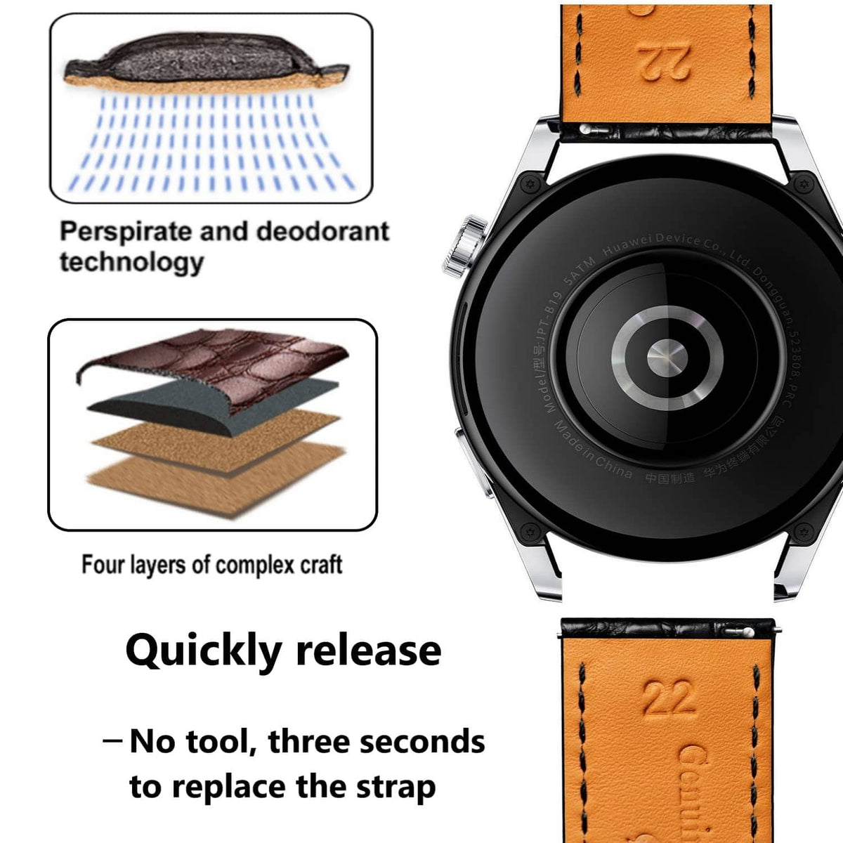 Orange leather watch strap on black watch case with quick-release design