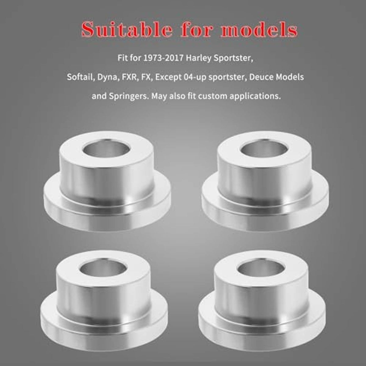 Four silver billet handlebar riser bushings/spacers with circular flanges and center holes