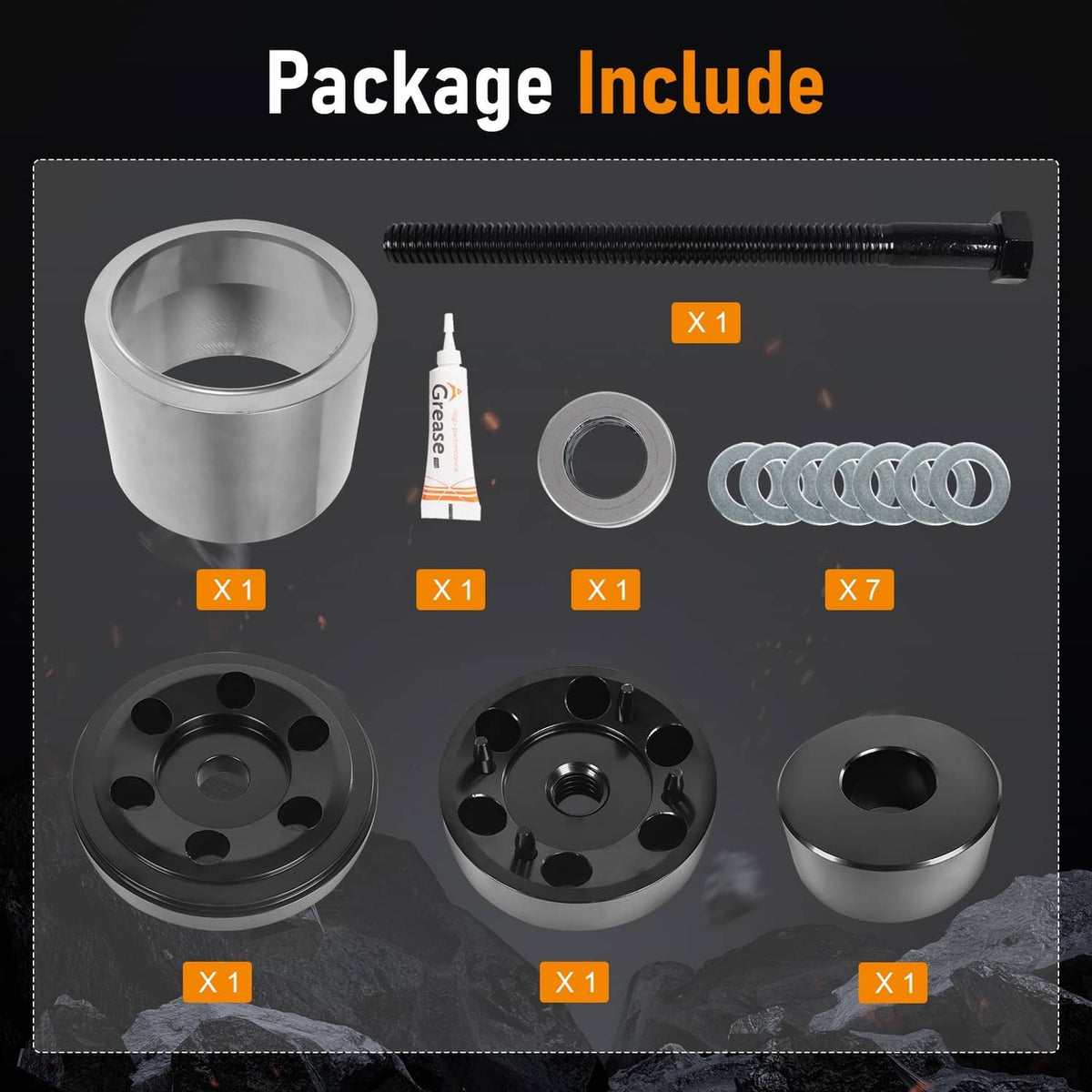 Bushing installation tool kit contents: steel sleeve, plates, threaded rod, grease, washers