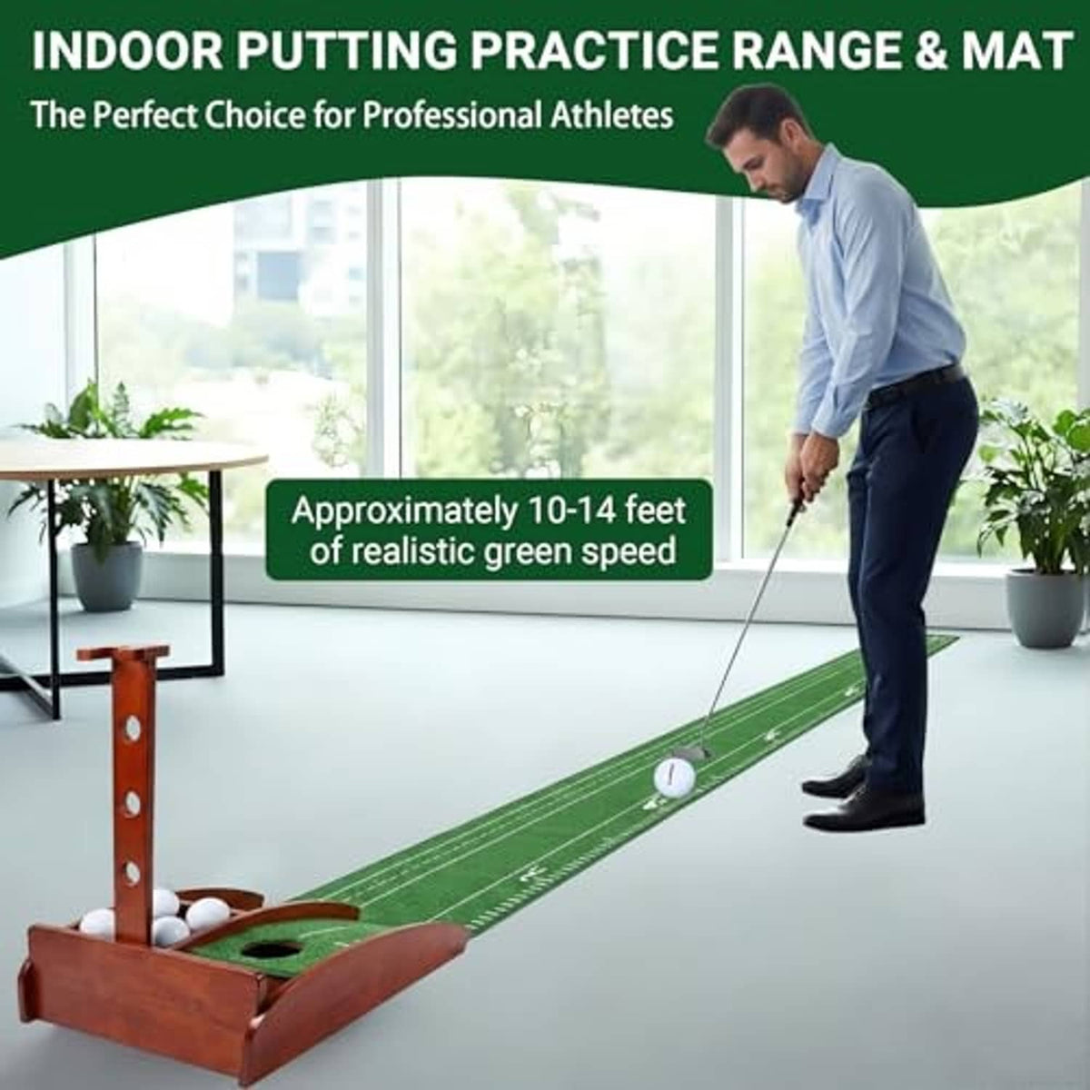 Indoor golf putting mat with wooden launcher, green turf lane and practice ball