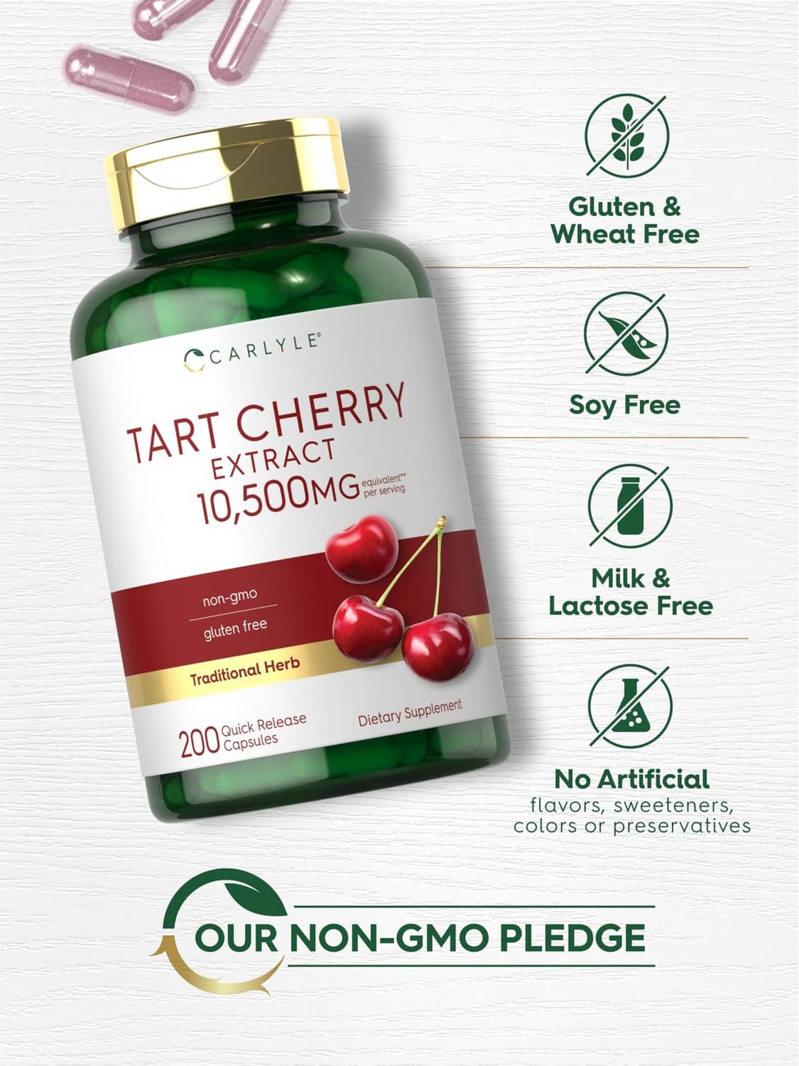 Carlyle tart cherry extract bottle with gluten-free, soy-free, lactose-free icons