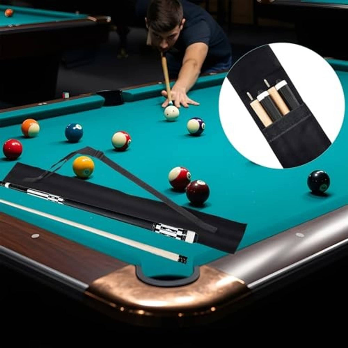 Black pool cue case with hook-and-loop closure and internal slots for cue sections.