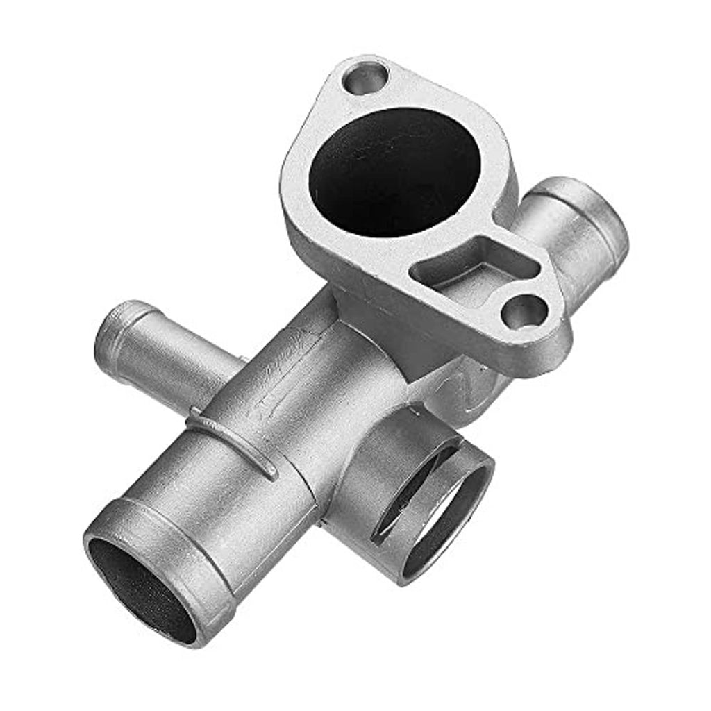 Aluminum coolant flange connector with sealed port opening and curved outlet