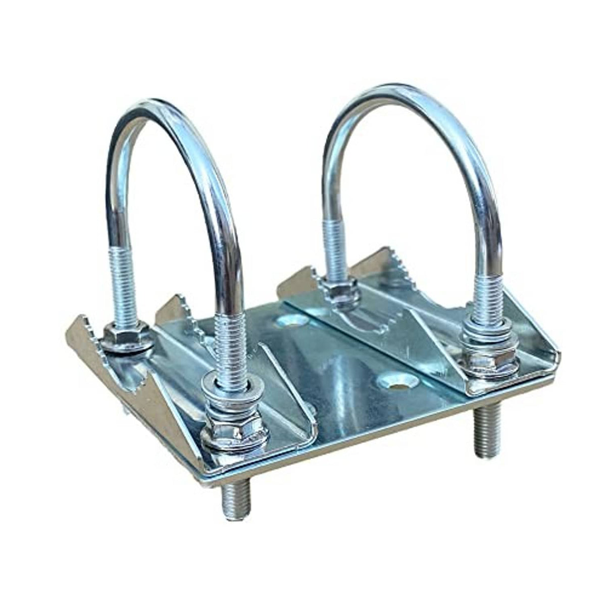 Starlink U-bolt mounting base with two adjustable clamp arms, galvanized metal