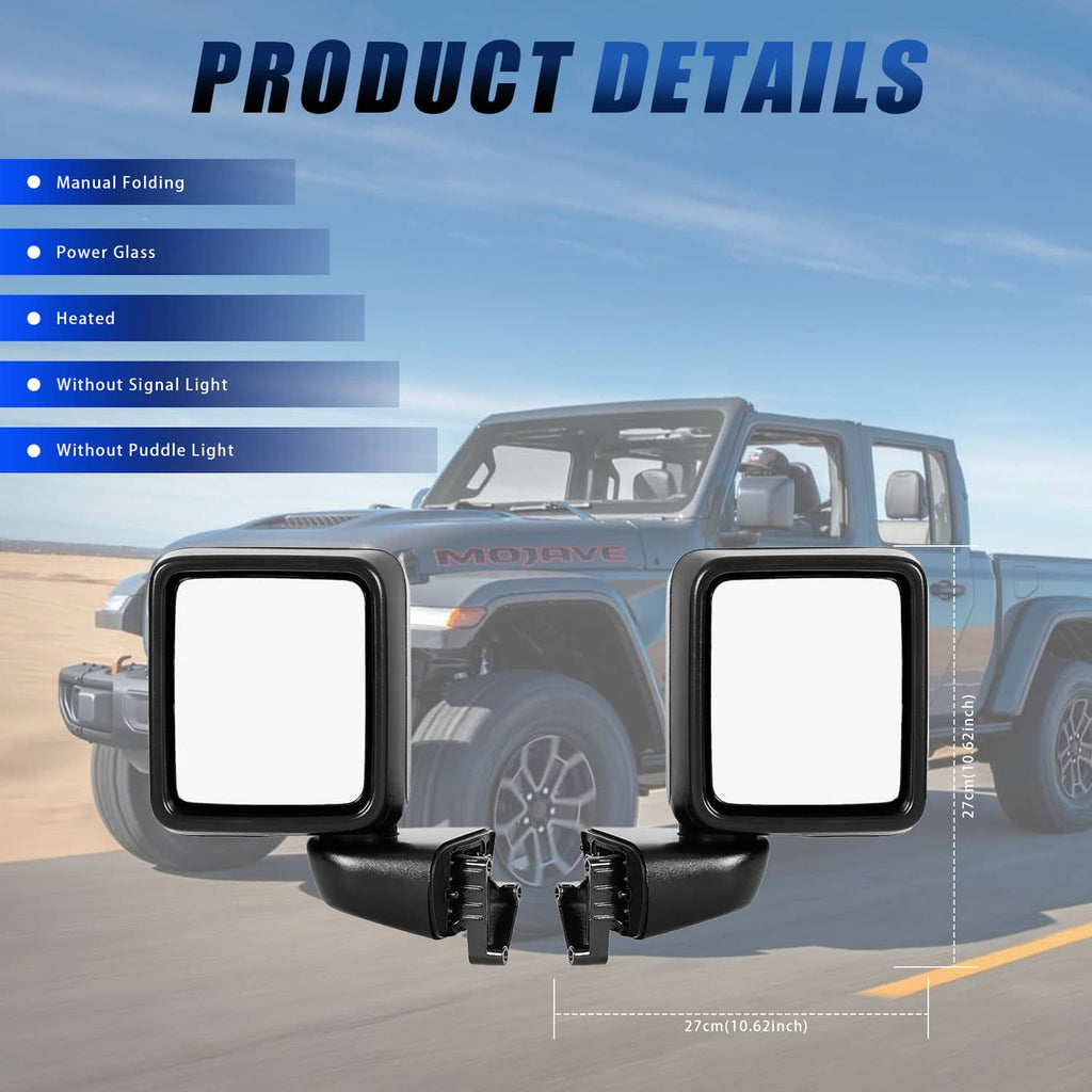 Black powered side mirrors with square glass, product details layout on background