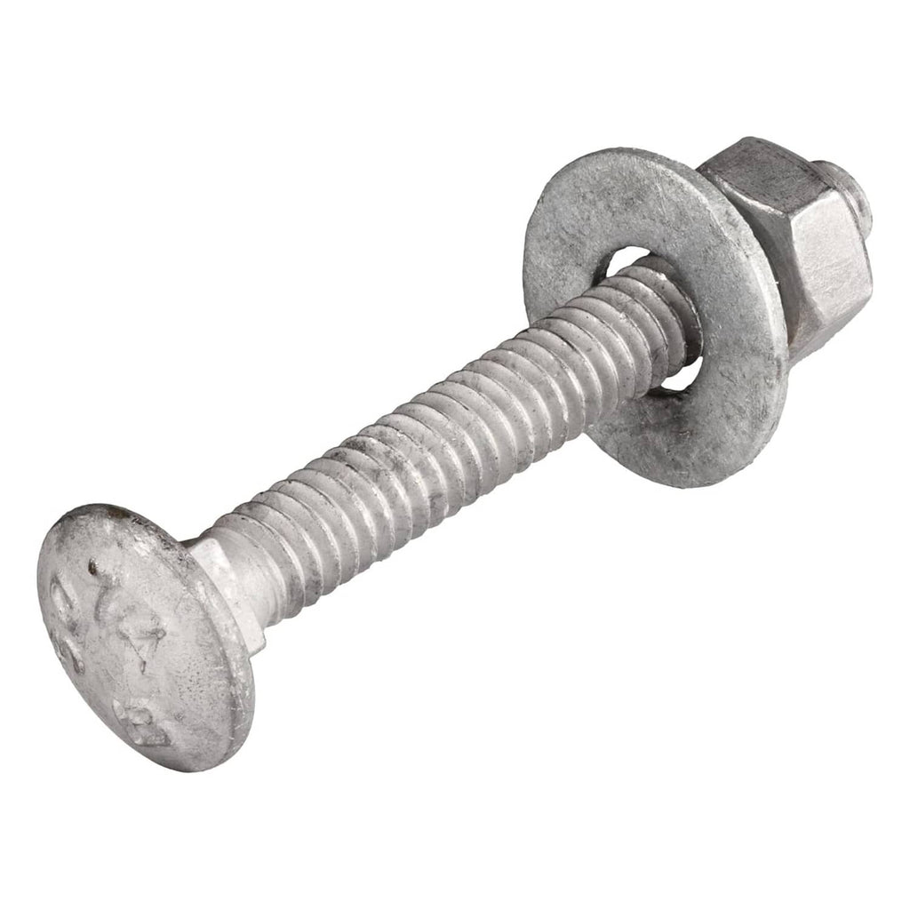 Galvanized carriage bolt with round head and threaded shank, silver-gray finish