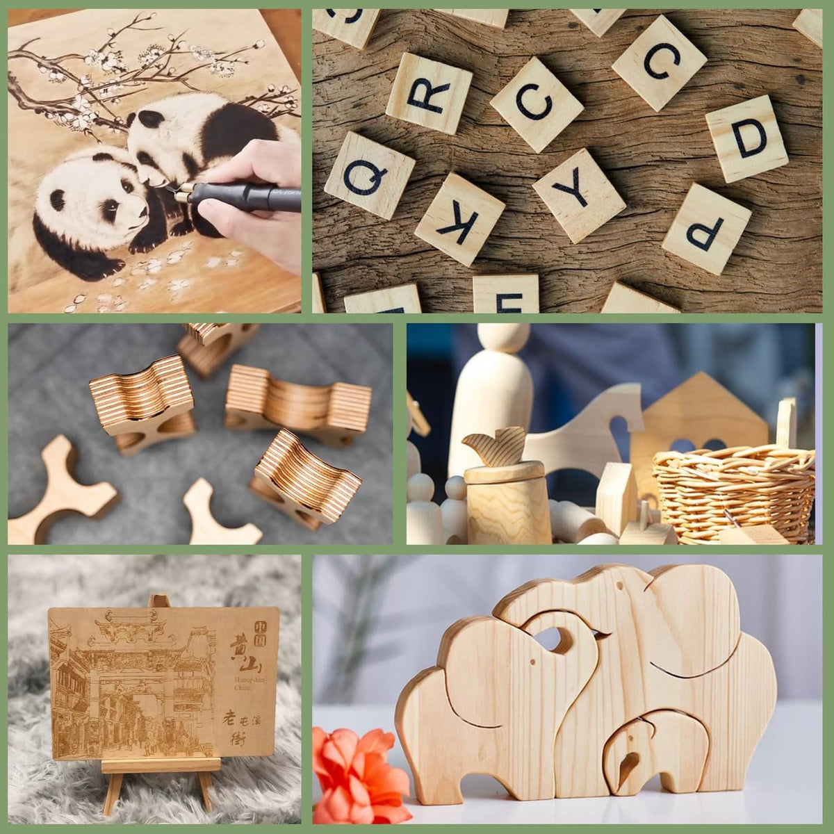 Basswood craft animal pieces and letter tiles made from wooden sheets