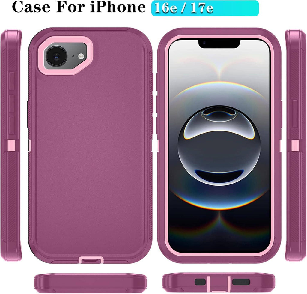 Purple phone case set with screen protector, front and back views with side rails.