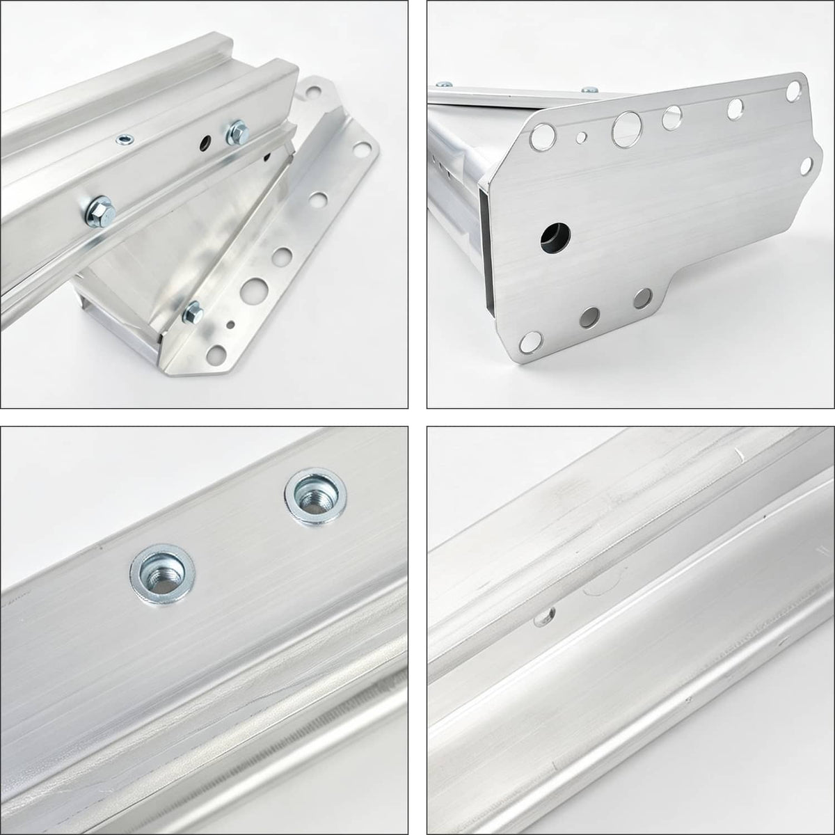 Front bumper reinforcement beam detail views showing mounting plates and fastener holes