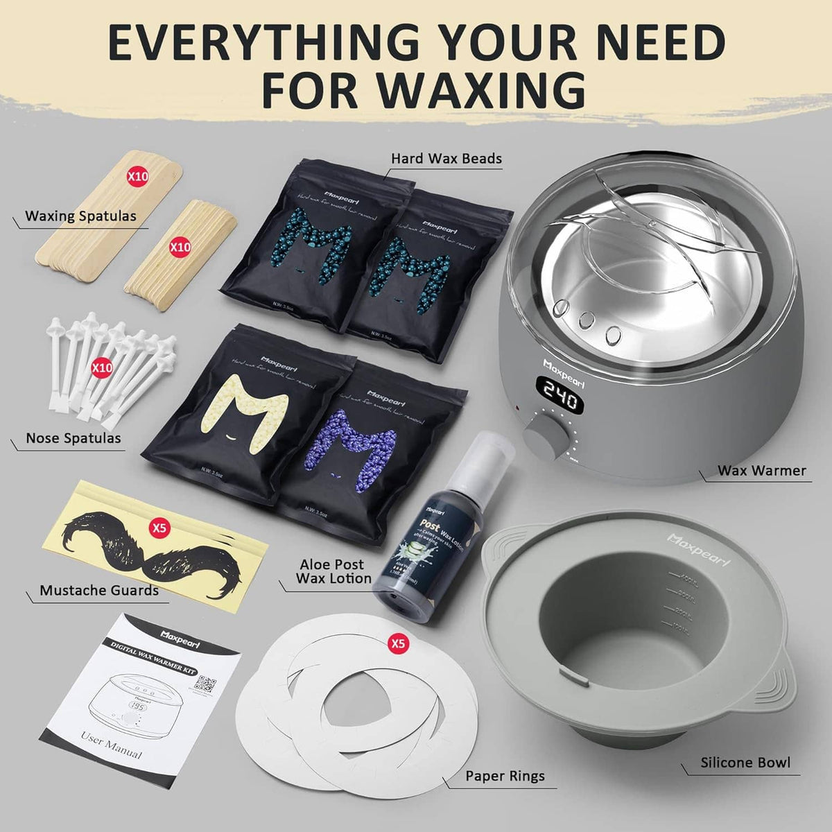 Men's waxing kit layout with wax beads, wax warmer, nose spatulas, and silicone bowl