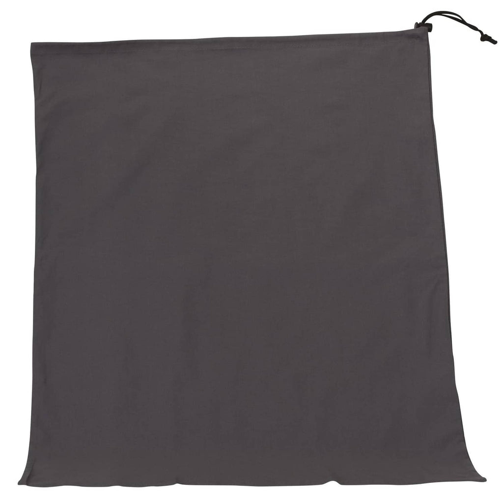 Grey cotton drawstring storage bag with open top hem and black cord loop