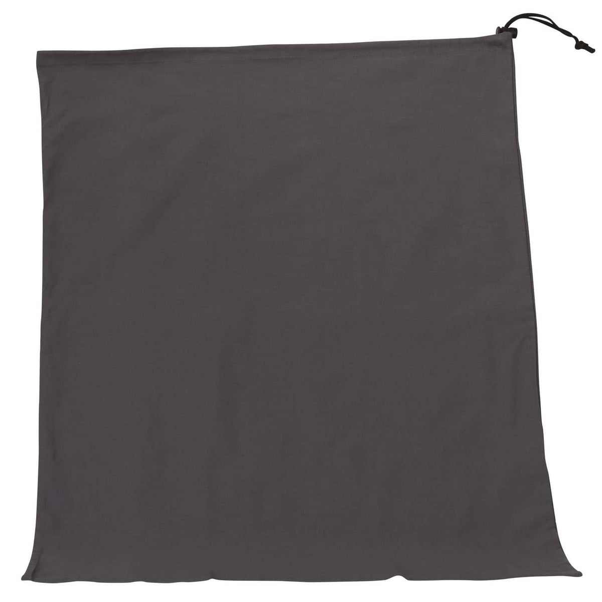 Grey cotton drawstring storage bag with open top hem and black cord loop