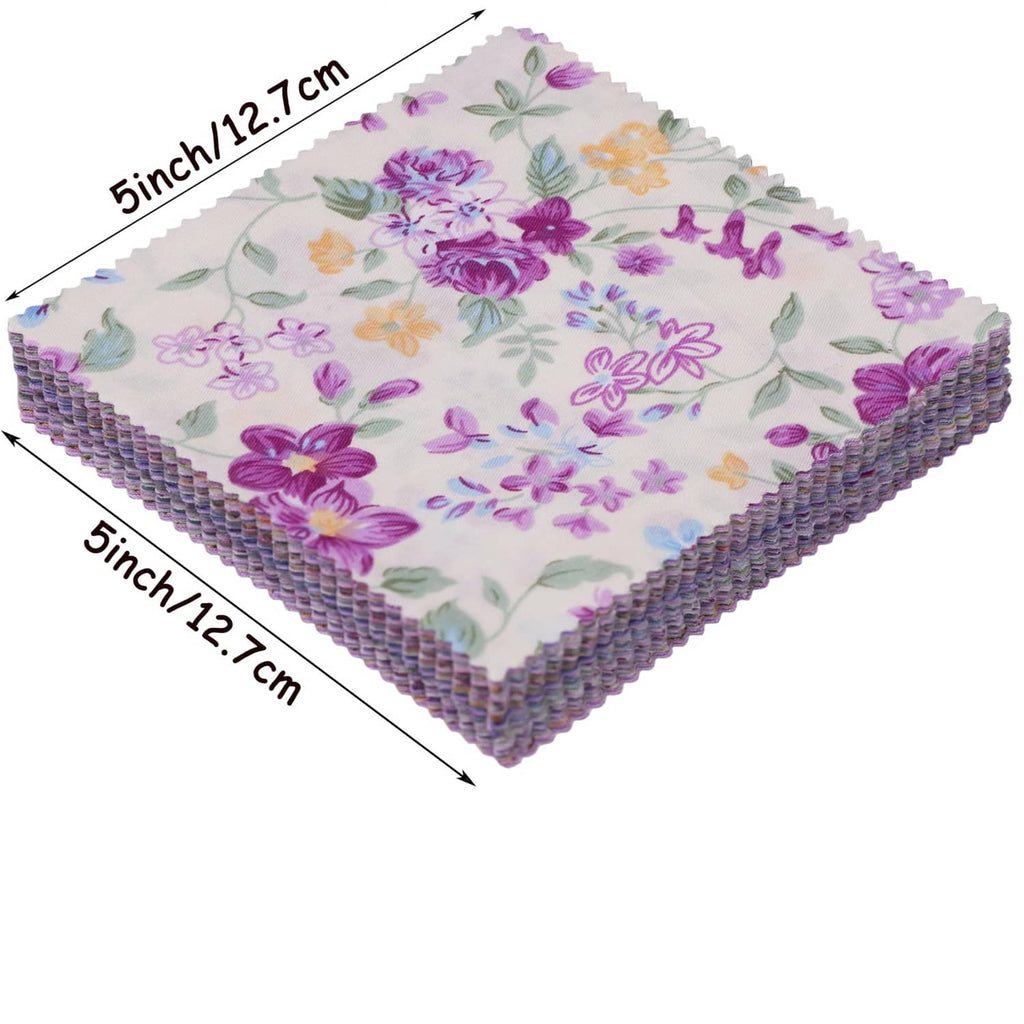 Stack of purple floral cotton quilting charm squares, 5 in size