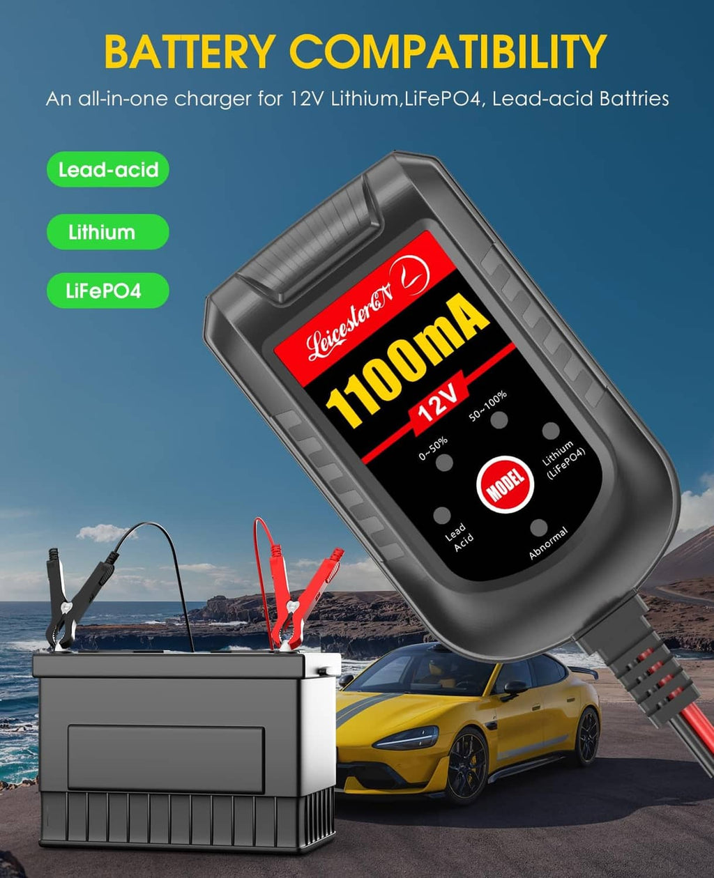 12V 1100mA smart battery charger with red and black clamps attached