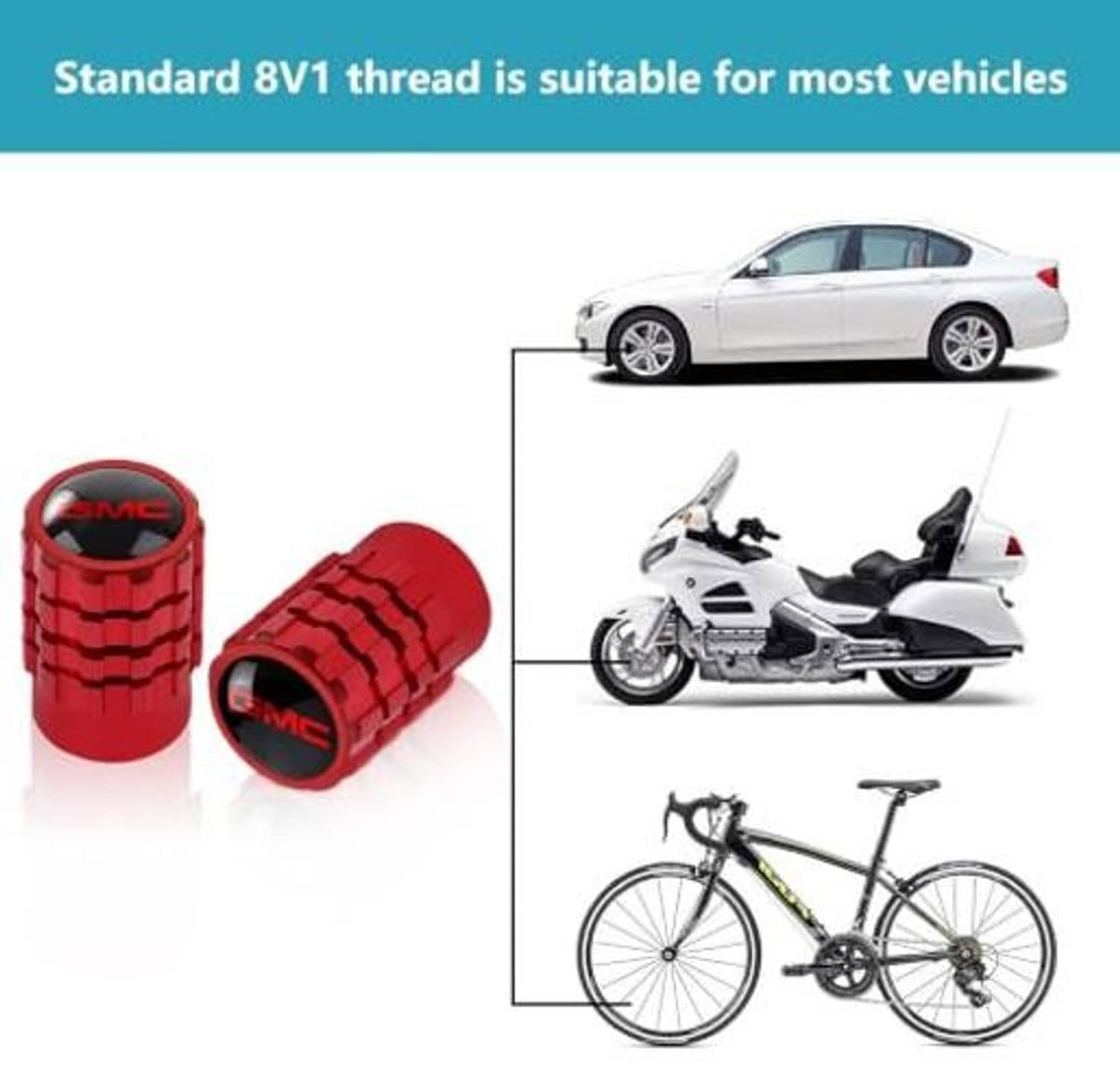 Red tire valve stem caps with GMC logo, ridged cylindrical covers shown from multiple angles