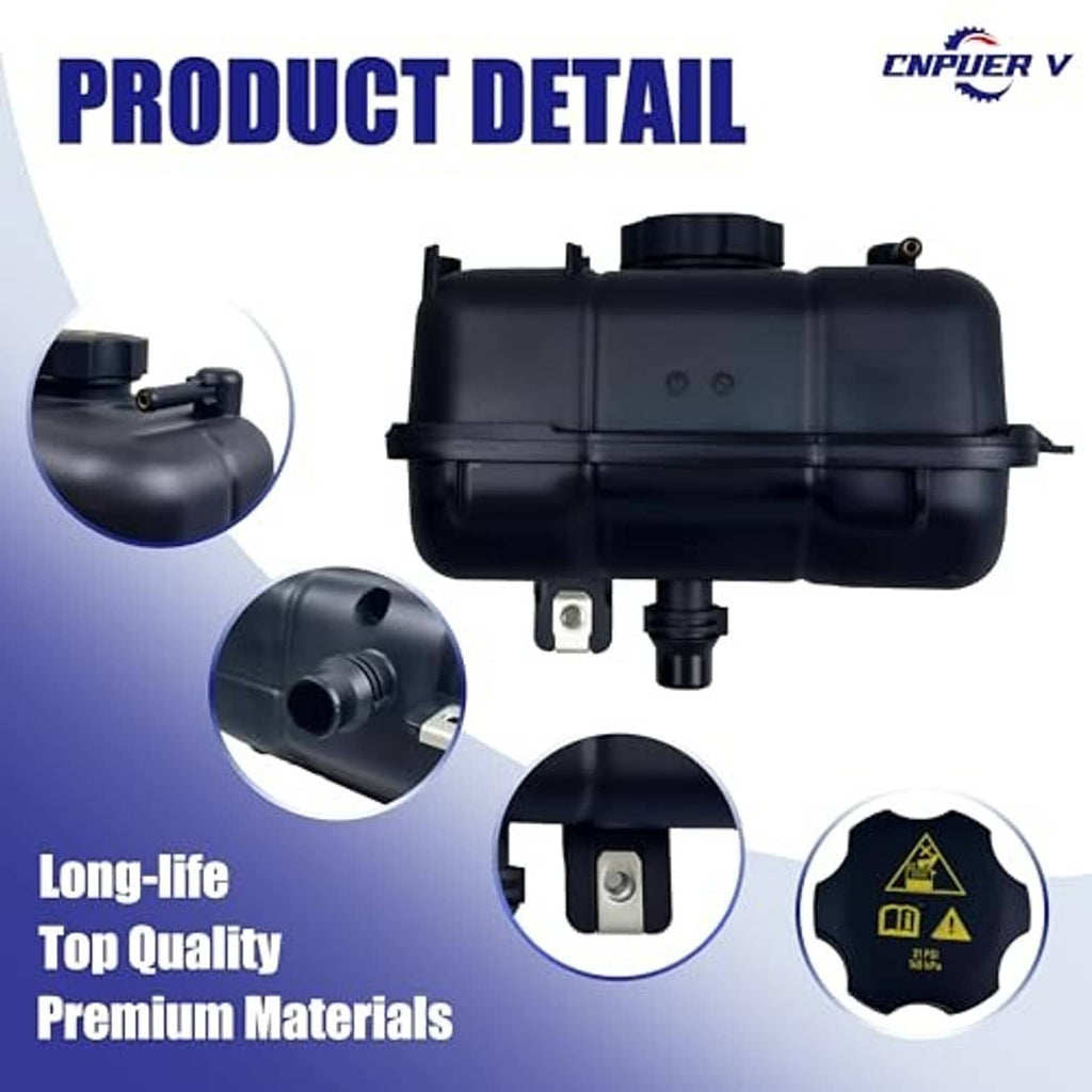Coolant reservoir tank with cap, front view with mounting bracket and outlet
