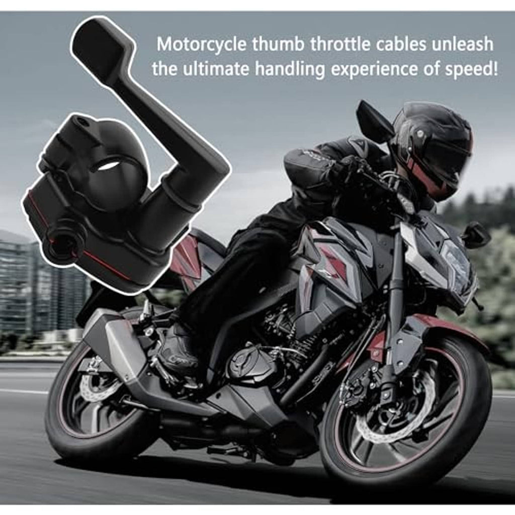 Black thumb throttle controller installed on motorcycle handlebar with cable