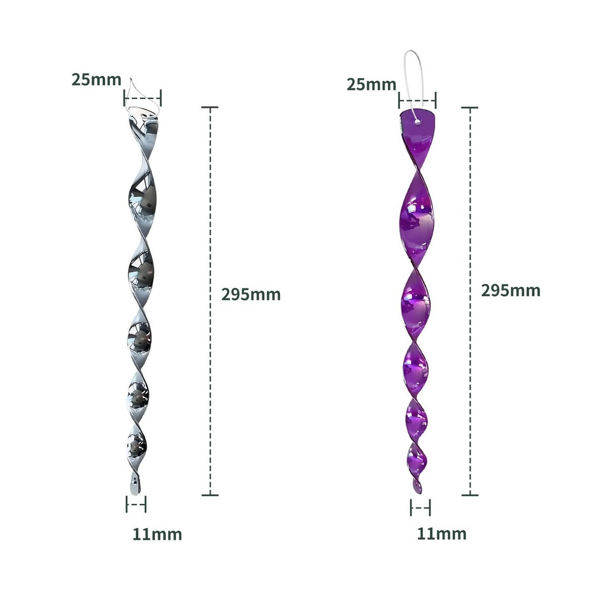 Wind-driven woodpecker deterrent chains, silver and purple, with oval reflective segments
