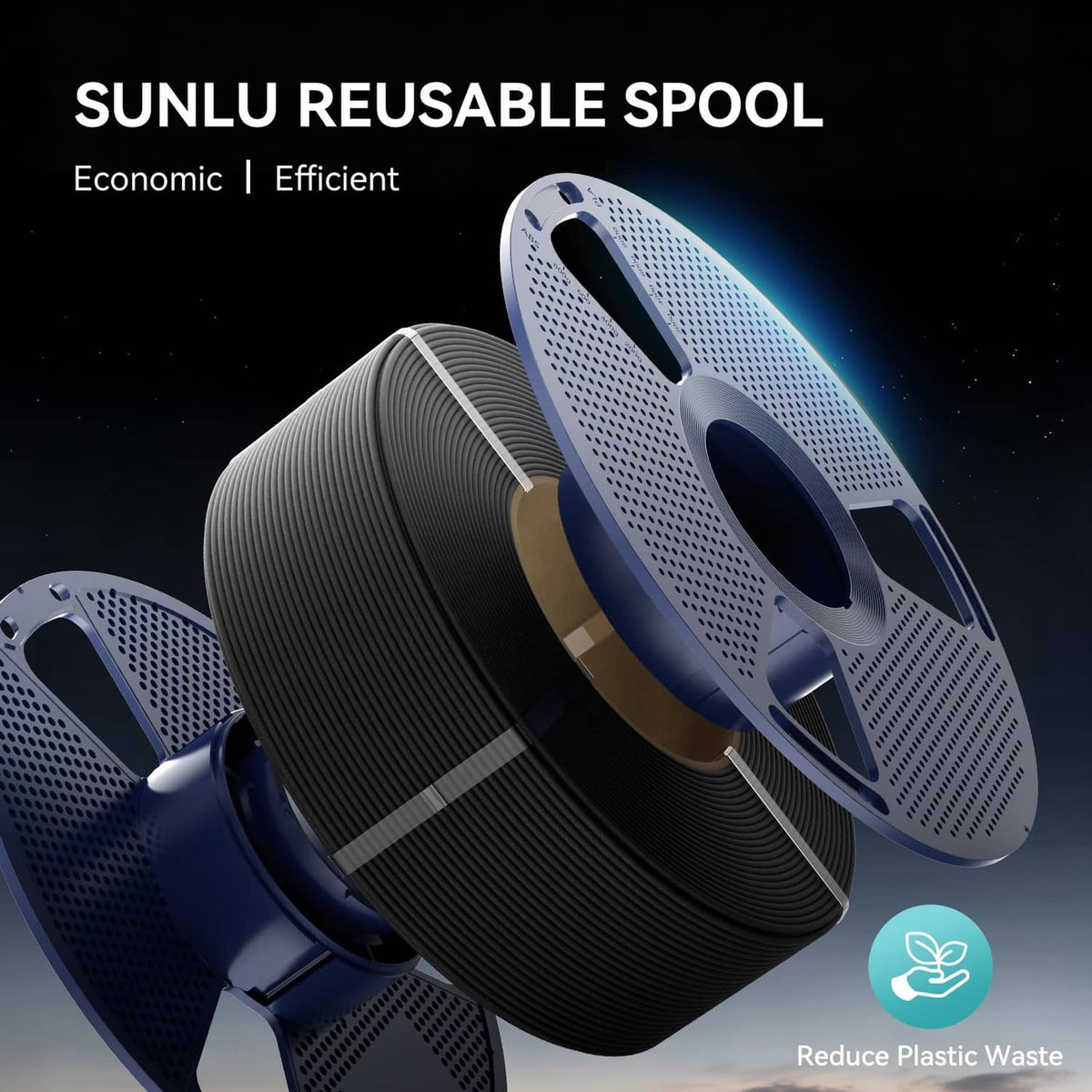 Black PETG carbon fiber filament on reusable spool with blue perforated reel