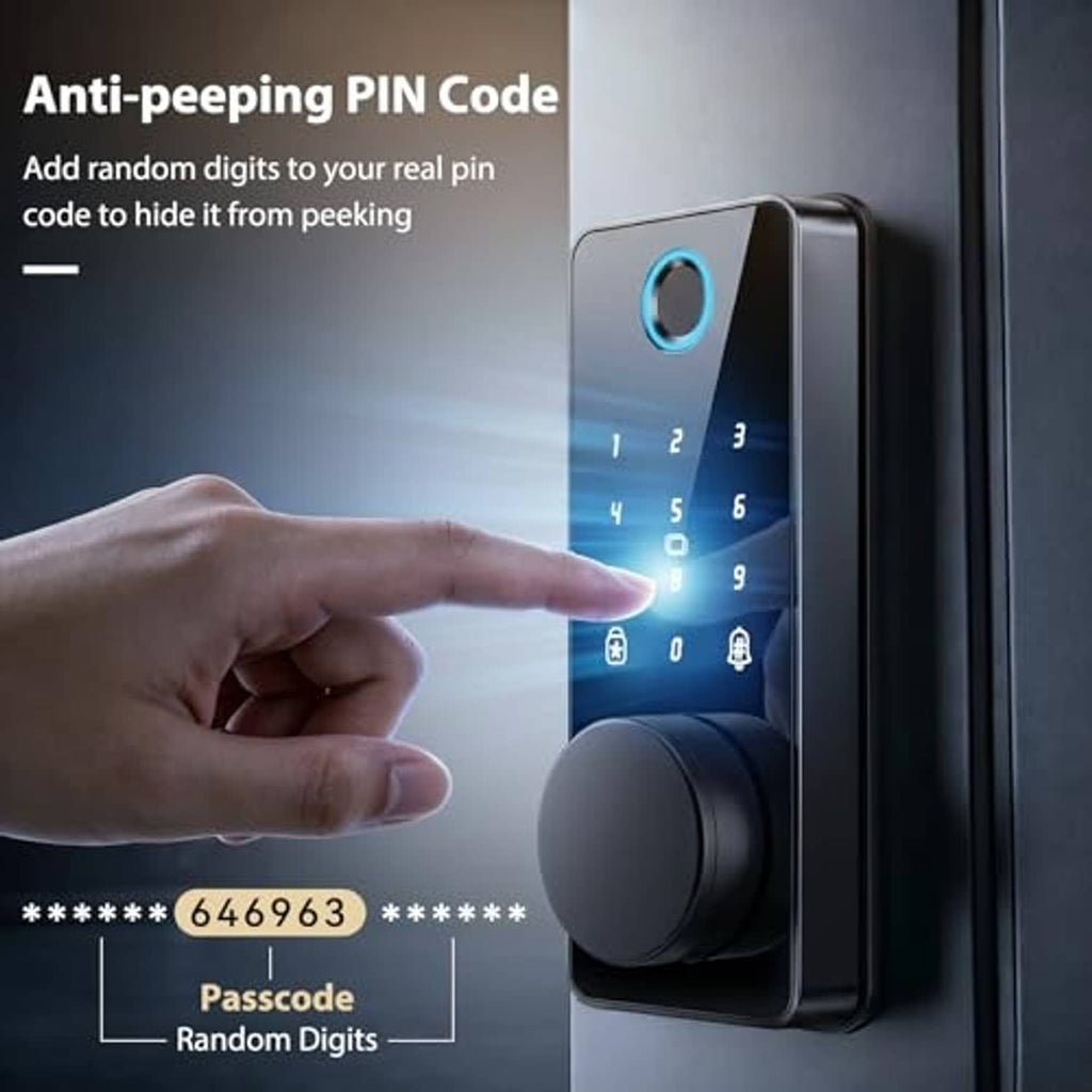 Glossy black smart door lock with keypad and fingerprint sensor, hand poised to enter a code